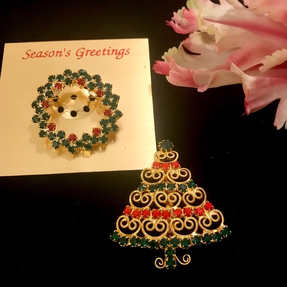 Seasons Greetings 2 Rhinestone Christmas Brooches - Picture 8 of 8